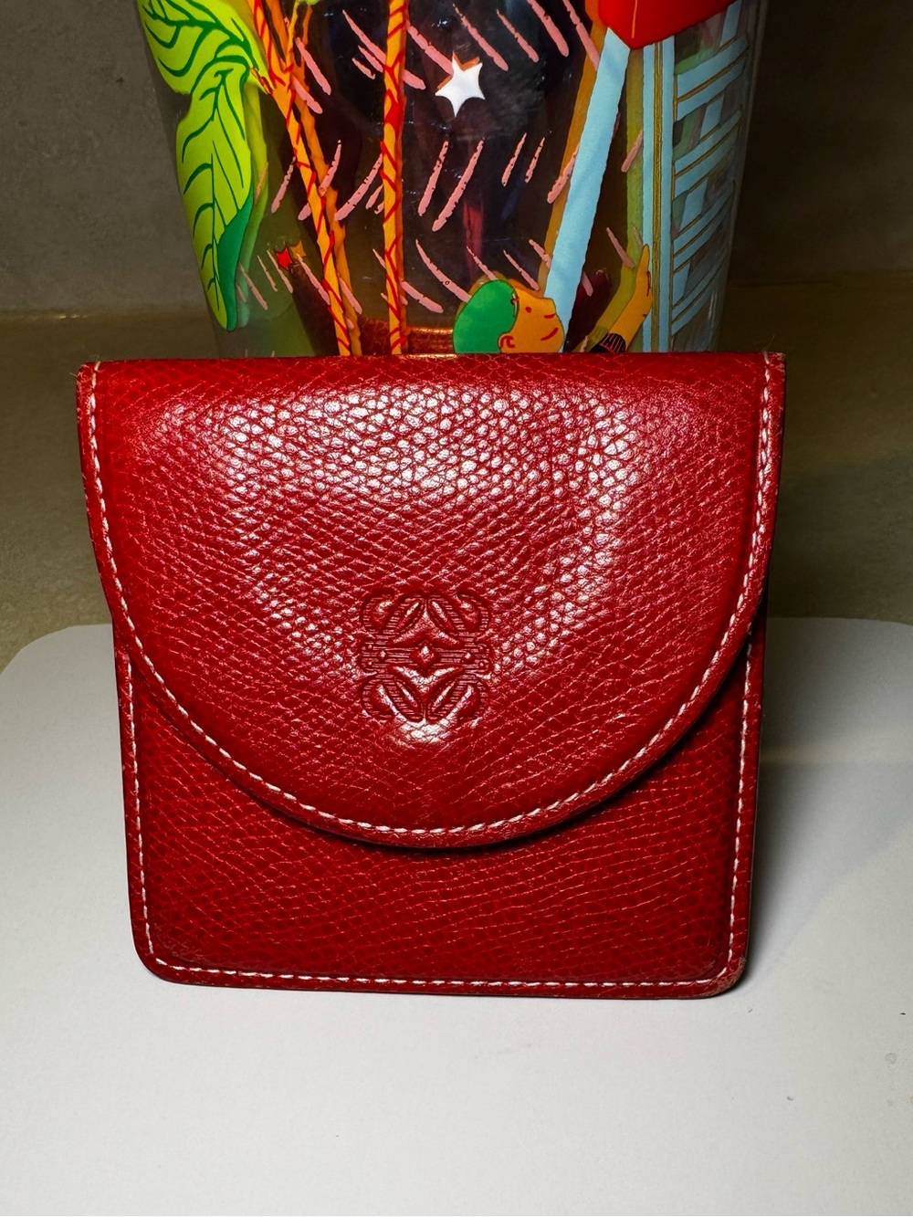 Vtg Authentic Loewe Anegram Red Textured Leather Coin Wallet Pre-owned